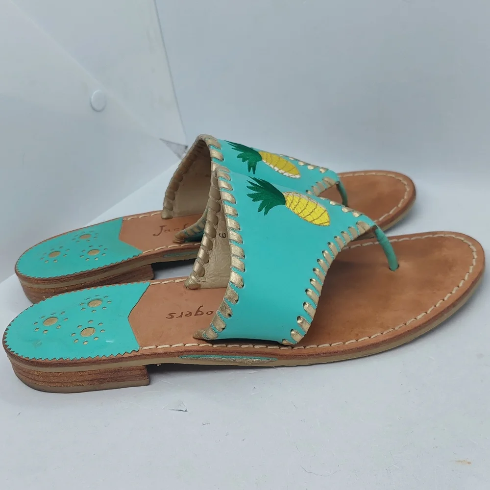 Jack Rogers Sandals Embroidered Pineapple Turquoise Leather Women's Size 9